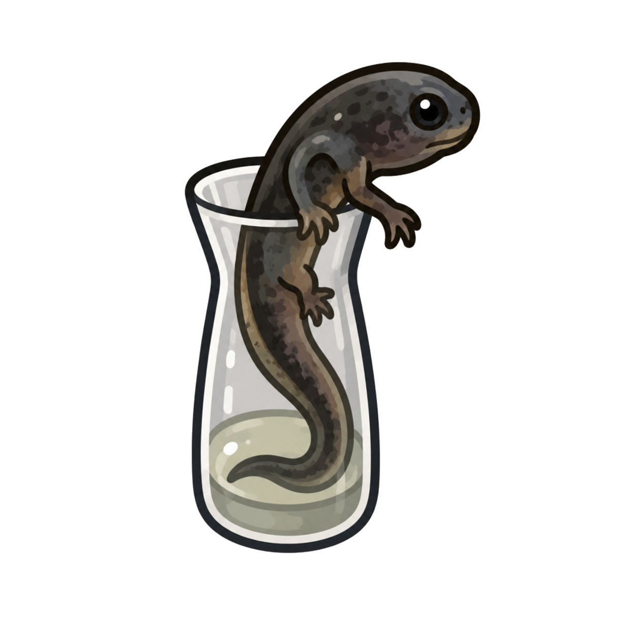 Ballthasar, der Salamander-Maskottchen von Uga Blame, schaut aus einem Glas